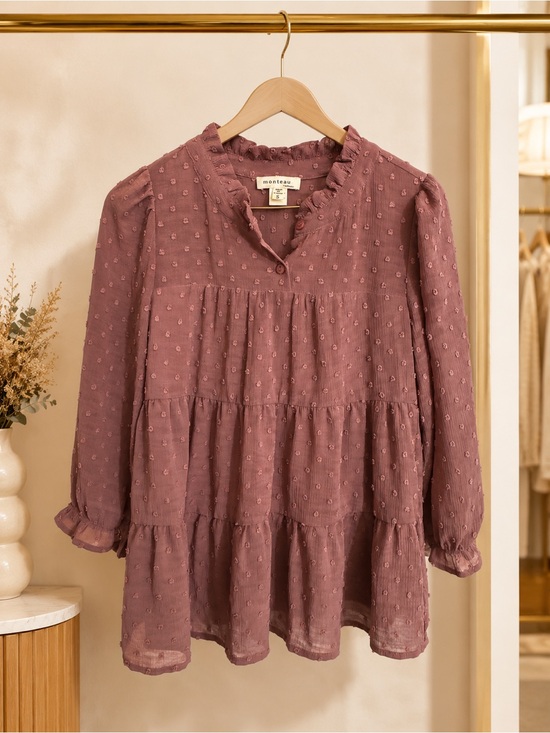 Monteau Tops - Monteau Mauve Swiss Dot Tiered Ruffle Blouse Size S